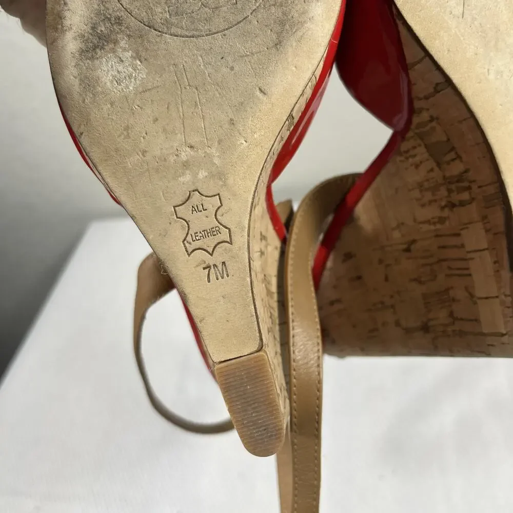 Tory Burch Red‎ Patent Leather Cork Wedge Ankle Strap Peep Toe Sandals size 7 M